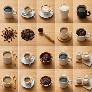 Various coffee preparation styles and ingredients on wooden surface