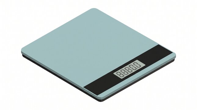 Isometric illustration of digital kitchen scale with glass platform and digital display isolated