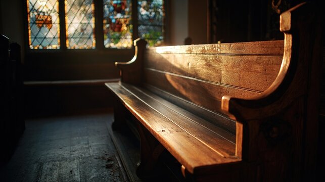 pew. Empty wooden pew in an old church illuminated by sunset through a stained glass window. inspiring travel planning, event programs, designed for cultural heritage projects and event programs.