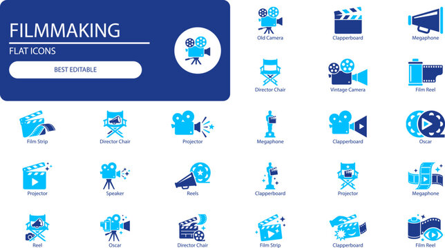 Filmmaking icons set. Filled vector symbols of camera, clapperboard, megaphone and Oscar for movie production design