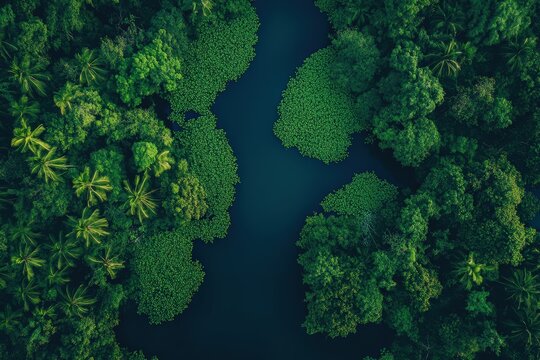 Verdant tropical forest canopy with a winding waterway.