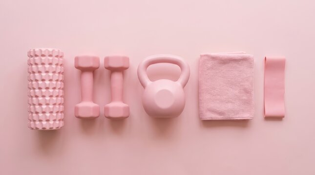 Flat lay of pink fitness equipment including a foam roller, dumbbells, kettlebell, towel, and resistance band on a pink background