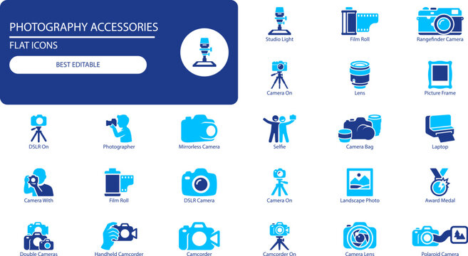 Photography gear icons set. Black silhouette vector collection of camera, lens, tripod and film symbols for media design