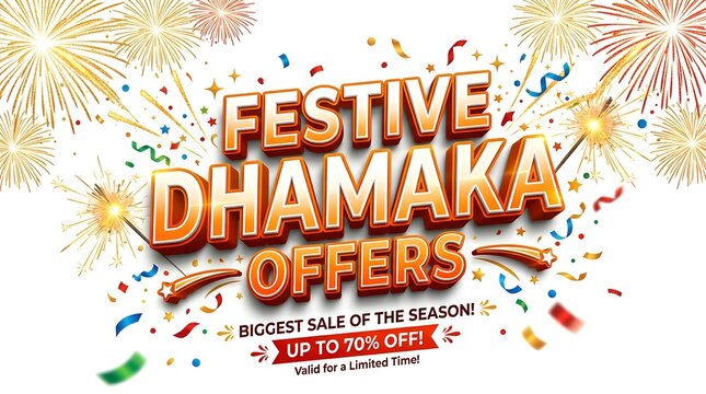Festive dhamaka offers sale banner with golden 3d typography, fireworks, and confetti isolated on white background