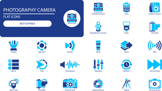 Photography camera icons set. Solid glyph icons of lens, flash, tripod and film roll for design and UI