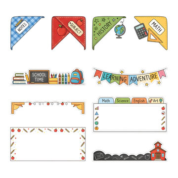 School notebook corner graphics and education page borders set for classroom design projects.
