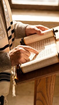 Side View Elder Man in Tallit Reading Parchment Scroll on Wooden Podium Window Light