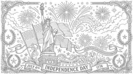 Fototapeta premium Independence Day illustration with Statue of Liberty, American flag and fireworks design.