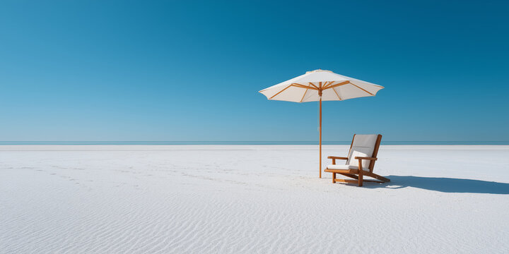 Minimal Beach Deck Chair and Umbrella on White Sand with Blue Sky Background