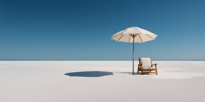 Minimal Beach Deck Chair and Umbrella on White Sand with Blue Sky Background