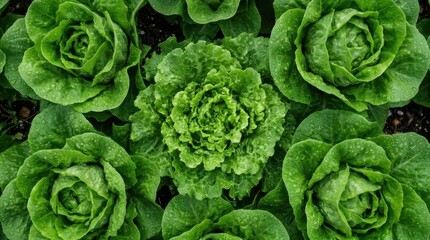 Fototapeta premium Top view of fresh green lettuce heads growing in a garden bed with water droplets