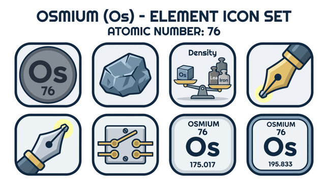 Osmium Chemical Element Icon Set featuring Fountain Pen Nib and High Density Concepts