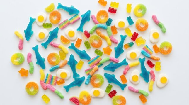 Assorted colorful gummy candies isolated on white background