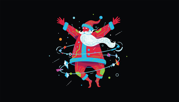 Santa Claus character in a vibrant red techno-style suit dancing with spinning geometric crystal shapes against a black background.