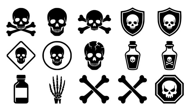 Skull Icons Set with Poison Bottles, Crossbones, and Warning Symbols