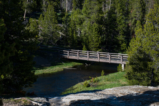 Wood log bridge over the Firehole River, trail through pine tree forest in Old Faithful area of Upper Geyser Basin, summer vacation exploring Yellowstone National Park

