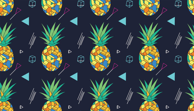 Seamless pattern with stylized colorful geometric pineapples and geometric shapes on a dark navy blue background for summer prints.