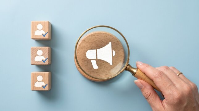 Targeted Outreach: A magnifying glass hovers over a megaphone icon on a wooden block, alongside three blocks depicting individuals with checkmarks.