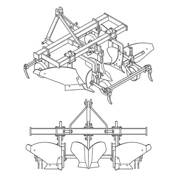 Technical illustration of a three-bottom agricultural tractor plow.