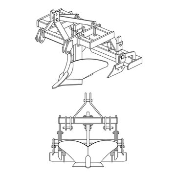 Technical line drawing illustration of a tractor mounted agricultural ditcher plow implement.