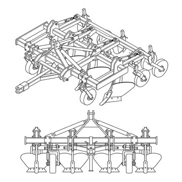 Technical line art drawing of a heavy duty agricultural farm plow machine.