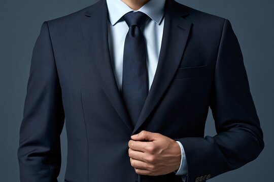 Close up of a businessman in a dark blue suit adjusting his jacket button