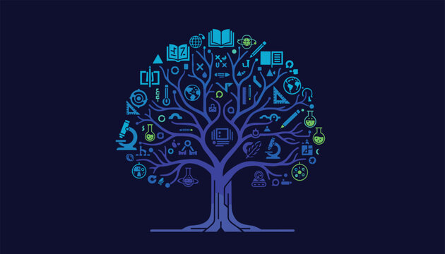 Conceptual tree of knowledge formed by various educational and scientific icons in shades of blue on a dark solid background.