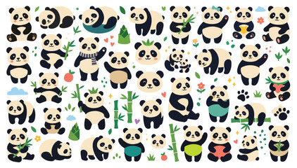 Cute panda bear collection, adorable kawaii panda characters in different poses with bamboo for stickers and kids design © MSTREMAAKTER