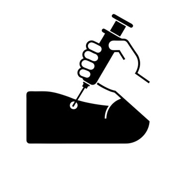 Medical syringe injection icon, hand holding needle for vaccination, black and white healthcare vector illustration