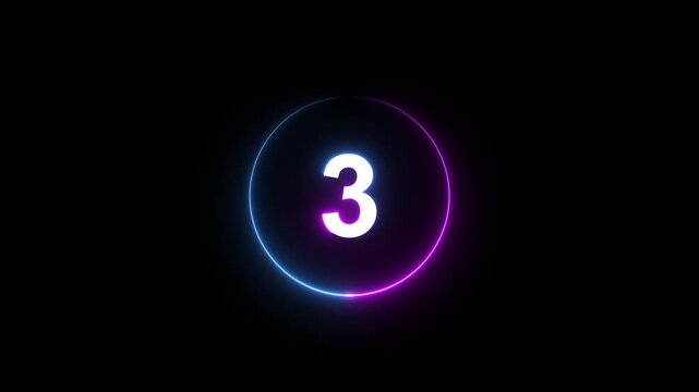 A dynamic circular animation, and glowing count neon number 3 animation . on a black background. and creating a stunning 4k video.