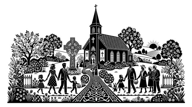 Easter church celebration with families walking to service in a vintage black and white style