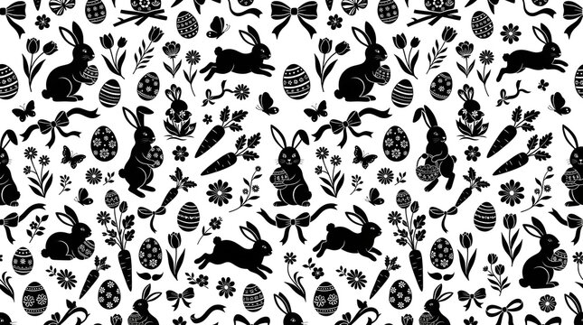 Seamless Easter pattern with black rabbit silhouettes and decorated eggs on white background