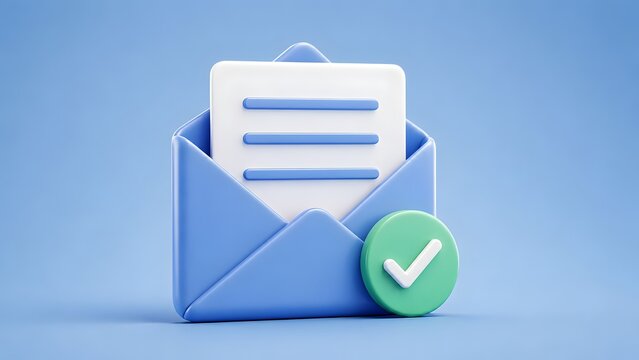 3D Blue Open Envelope with White Paper and Green Check Mark Icon for Successful Email Delivery