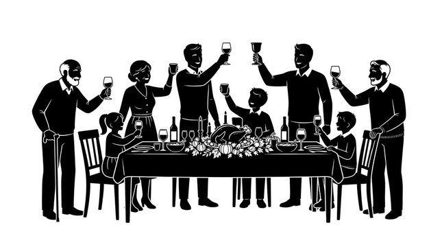Family silhouette celebrating with wine glasses at a festive dinner party table