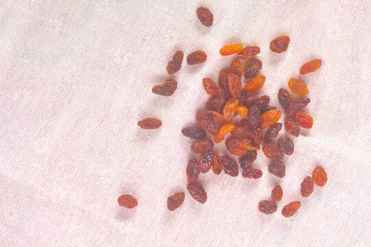 Raisins scattered on a natural cotton fabric background
