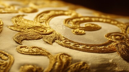 Naklejka premium liturgical. Extreme close-up of intricate gold embroidery on heavy liturgical silk fabric. event programs, museum guides, designed for cultural heritage projects and event programs.