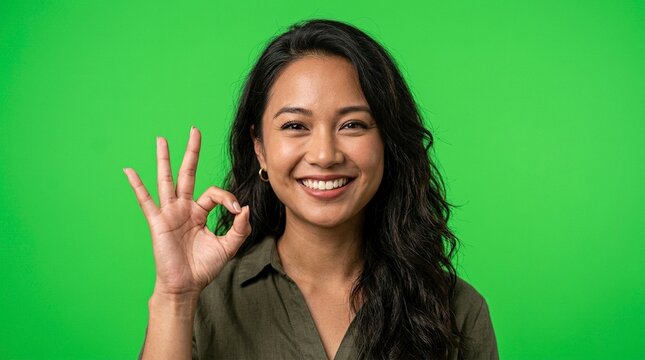 Smiling Young Asian Woman Showing OK Gesture with Hand Over Solid Green Screen Chroma Key Background