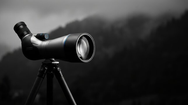 Noir photography with a single vivid blue accent color of a professional spotting scope on a tripod against a misty mountain background.