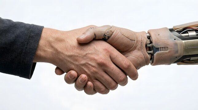 Human and Robot Handshake Representing AI Collaboration and Future Technology