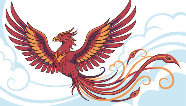 Mythological firebird or phoenix soaring gracefully through a sky filled with soft white and blue clouds.