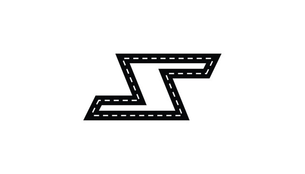 Black and white graphic of a winding road forming the shape of the letter s with a dashed center dividing line.