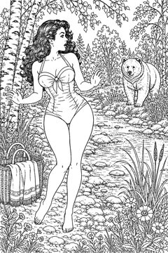 A cheerful vintage-style woman in a swimsuit gestures toward a friendly bear beside a rocky woodland stream, creating a whimsical outdoor adventure scene for coloring designs.
