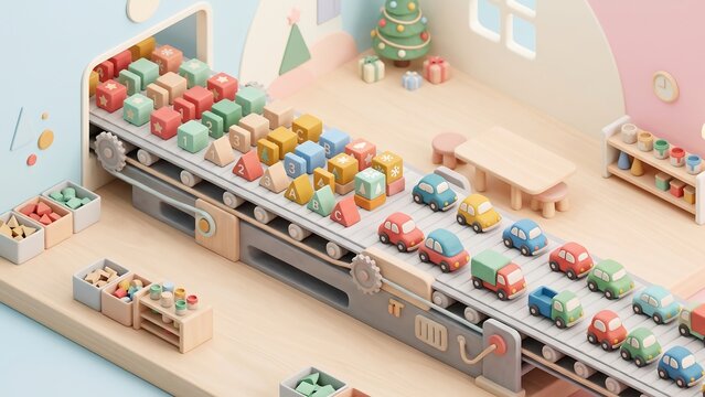 Toy factory production line with colorful wooden blocks and toy cars on conveyor belt. Christmas tree with gifts. Kids toy manufacturing and holiday gift concept.