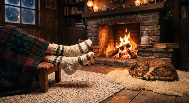 Woman feet in warm woolen socks near burning fireplace with sleeping cat at cozy home. Winter evening relax with hot drink and plaid blanket. Christmas comfort and hygge concept.