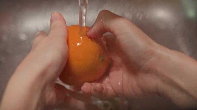 Close up of hands washing orange under running water in sink. Fruit is rotated and scrubbed to clean all sides. Metallic basin background with blurred surroundings
