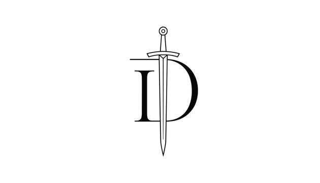 Elegant black monogram of the letters i and d with a vertical silver sword running through the center on a white background.