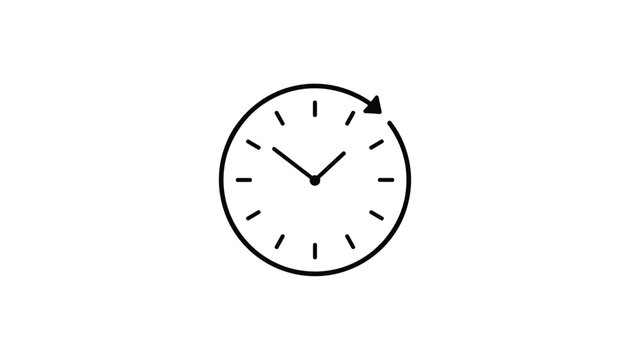 Minimalist black line clock icon with a circular arrow representing time passage, history, or round the clock service.