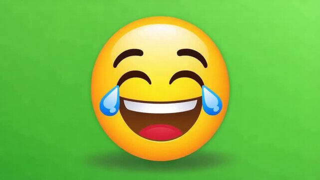 Laughing face emoji icon crying with joy on a solid vibrant green background