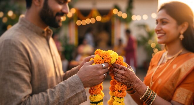 Indian groom placing marigold flower garland on smiling bride during traditional wedding varmala ceremony. Woman with henna hands and saree. Love and marriage celebration concept