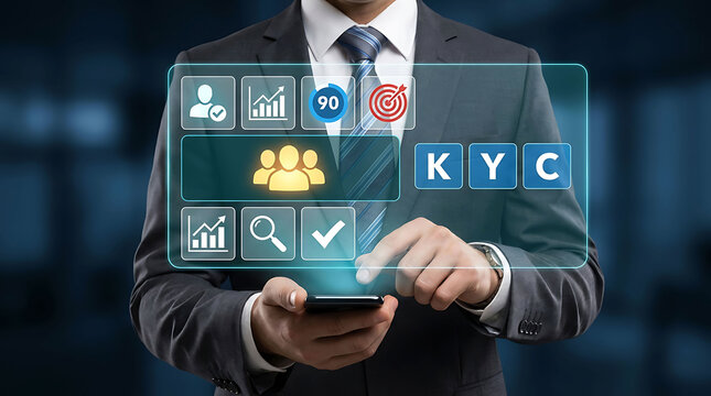 Businessman interacting with digital KYC interface and mobile phone for ver